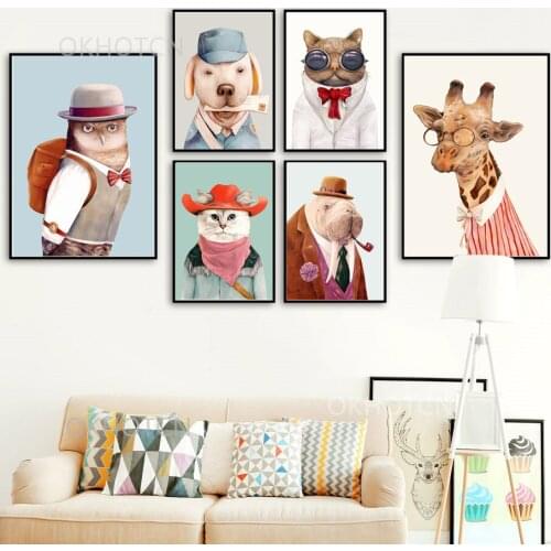 Cartoon Handsome Cat Deer Dog Animals Canvas Painting Decoration Home Art Posters and Prints for Living Room Wall Pictures