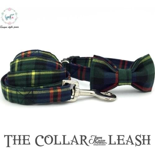 Dog Cat Collar With Bowtie Leash set and Pet Personal Custom Pet Designer Product Dog &Cat Collar The Green Gentleman