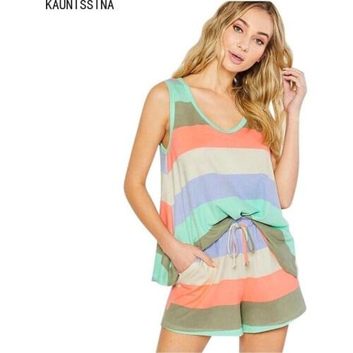 Summer Pajamas Women Casual Sleepwear O-Neck Sleeveless Striped Tank Top And Shorts Pajamas Set Female Nightwear Lounge Clothes