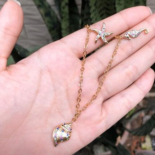 Hot Gold Color Copper Multicolor Conch AAA Cubic Zirconia Simple Summer Pendant Necklaces Womens Fashion Jewelry Cobre CZ Colar