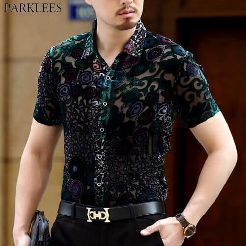 Luxury Floral Embroidery Lace Shirt Men 2019 New Sexy Transparent Mens Dress Shirts See Through Party Clubwear Male Social Shirt