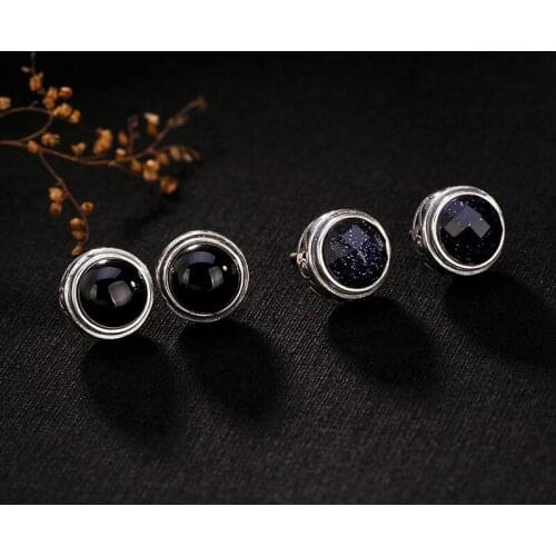 Pure 925silver black agate blue sandstone Thai silver restoring ancient ways ms personality joker stud earrings earrings