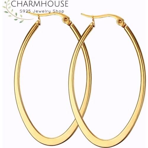 Charmhouse Hoop Earrings For Women Gold Color Oval Stainless Steel Long Earing Brincos Femme Wedding Bridal Jewelry Not allergic