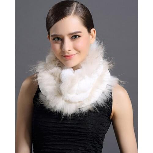 Genuine Rex Rabbit Fur Scarf with Raccoon Fur Women Winter Warm Scarves Trendy Elegant Natural Rabbit Fur Ring Scarves Female