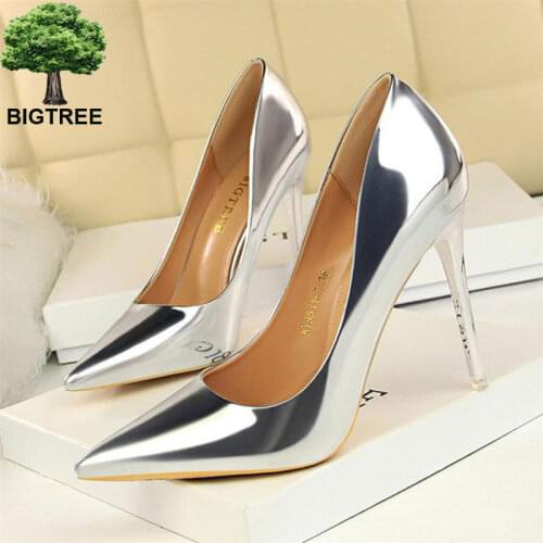 BIGTREE Patent Leather Thin Heels Office Shoes Women Shallow Pumps Fashion High Heels Shoes Women Pointed Toe Sexy Shoes