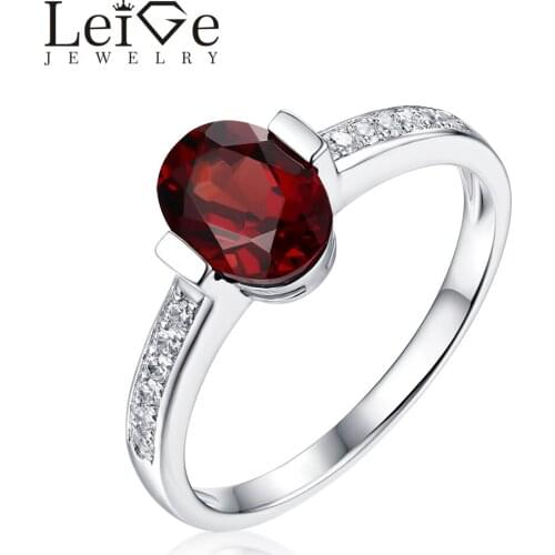 Leige Jewelry Solitaire Garnet Ring Natural Red Gemstone Silver Oval Cut Bezel Setting Wedding Rings for Women Christmas Gift
