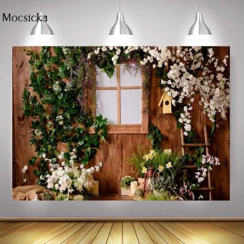 Spring Flowers Children Birthday Backdrop Photocall Wooden Board Green Leaves Window Portrait Background for Photo Studio Props