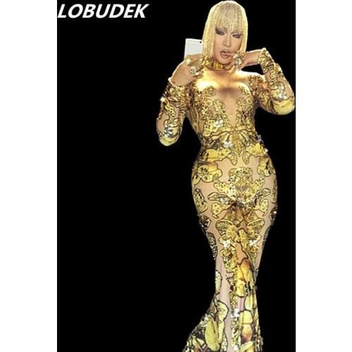 High Elastic Gold Printed Sequins Flare Trousers Crystals Jumpsuit Concert Women Singer Stage Outfit Nightclub Host Show Costume
