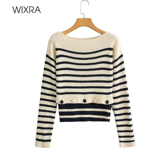 Wixra Pullovers Soft Autumn O-Neck Sweaters Chic Daily Tops Womens Elegant Striped Patchwork Knitted Tops