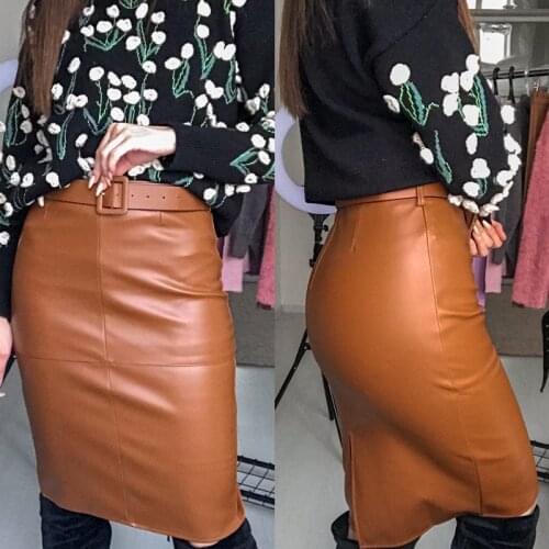 High Waist Sheath Pencil Back Split Skirts Stylish PU Leather Wrap Midi Skirts with Belt Autumn Winter 2021 New Women
