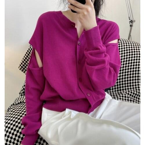 Autumn New Womens Korean Version V-neck Split Long-sleeved Knitted Cardigan Loose and Thin Top Coat Womens Clothing WY13