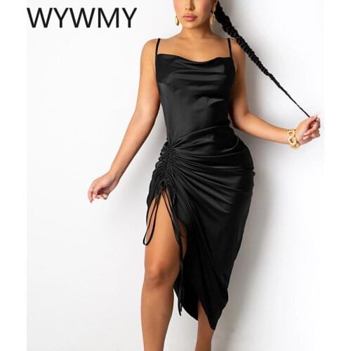 WYWMY Sexy Satin Split Dress Ruched Drawstring Spaghetti Straps Backless Mini Dresses for Women Summer Party Sundress Vestidos