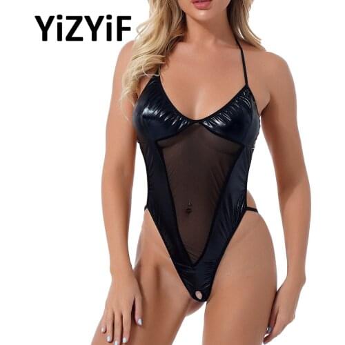 Women Crotchless Bodysuit Sexy Open Crotch Wetlook Lingerie Costumes Leather Straps See-through Sissy Clubwear Catsuit