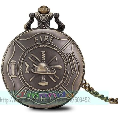100pcs/lot 0020# Hot Bronze Fire Fighter Control Quartz Pocket Watch Necklace Pendant Gift wholesale pocket watch for unisex