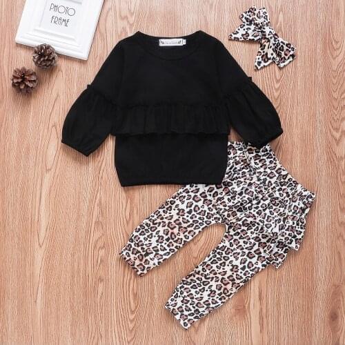 Pudcoco Newborn Baby Girl Clothes Solid Color Long Sleeve Ruffle Cotton Tops Leopard Print Ruffle Long Pants Headband 3Pcs Set