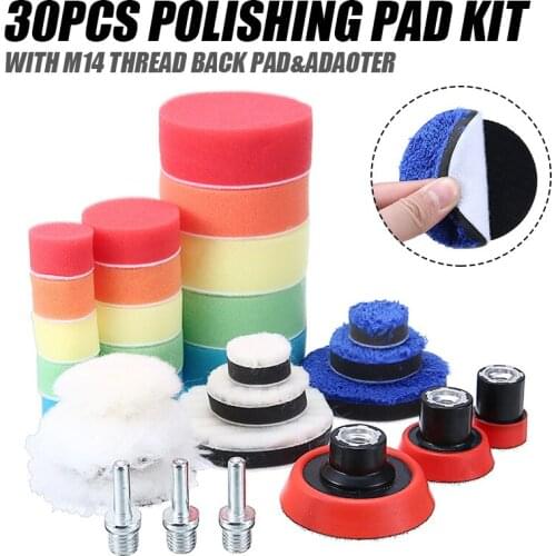 30pcs Car Foam Drill Polishing Pad Kit Buffing Sponge Pad for Polisher+Drill Adaptor M14 Power Tool Car Polisher