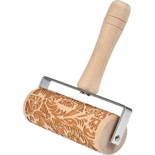Promotion! 3D Engraved Rolling Pin Natural Wood Roller Pin with Classic Pattern for Kids Dough & Fondant Cookies Clay Crafts