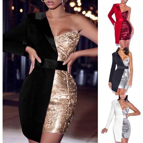 Free shipping 2020 new black, white, red and gold tight one-shoulder long sleeve dress fashion sequin dress patchwork belt dress