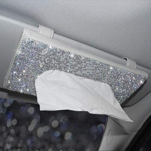 Rhinestone Crystal Car Tissue Box for Sun Visor Auto Hanging Tissue Box Diamond Sunshade Case Auto Car Accessories