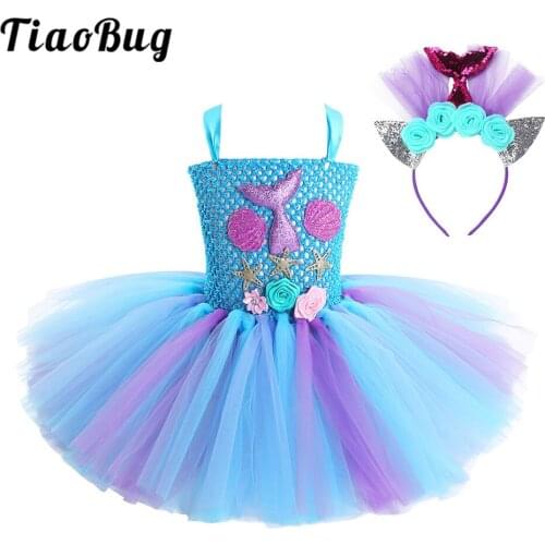 TiaoBug Kids Mermaid Costume Sleeveless 3D Flower Mesh Tutu Dress with Hair Hoop Girls Halloween Carnival Cosplay Party Outfit