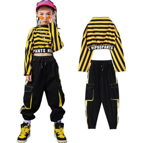 Kids Girls Stripe Crop Top + Jogger Pants Clothes Set Children Hip Hop Solo Shirt Streetwear Jazz Dance Suit Casual Wear