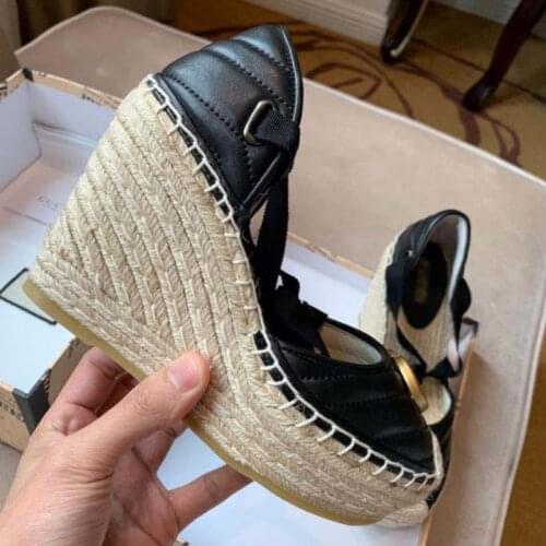 Designer de marca feminina sandálias de verão moda sapatos femininos sandálias de salto em cunha corda de cânhamo sandálias glad