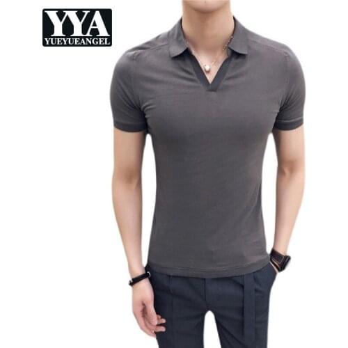 Cotton V-Neck Short Sleeve T-shirt Men Solid Thin Slim Fit Breathable Micro-Elasticity Male Pullover Tops Summer Korean Style