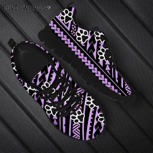 ELVISWORDS Women Shoes Stripes with Dog Footprints Printed Breathable Air Mesh Sneakers for Woman Leisure Ladies Walking Shoes