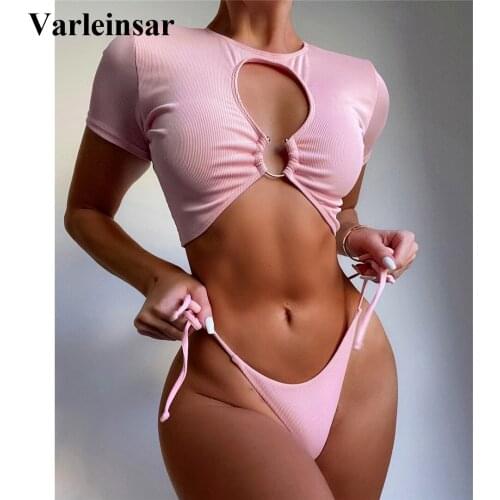 Sexy Ribbed High Neck Short Sleeves Bikini Women Swimwear Female Swimsuit Two-pieces Bikini set Bather Bathing Suit Swim V3036