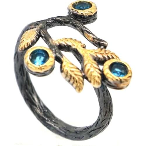 24x23mm Unique Hiphop Created Blue Aquamarine Paris Blue Topaz For Man Cool Black Metal Silver Ring Street Jewelry