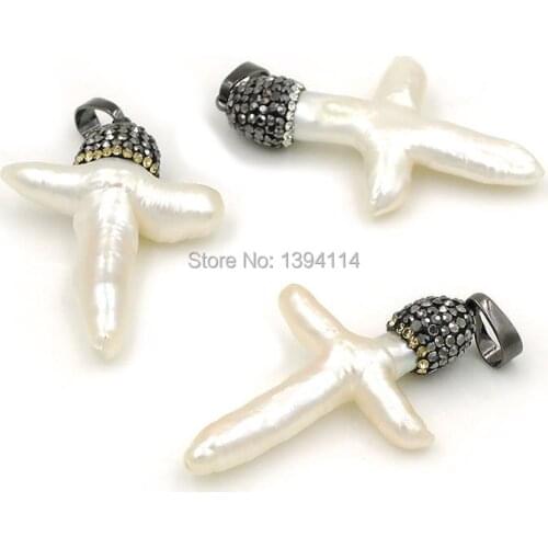 Natural Shell Pave CZ Cross Pendants Approx 40*28 mm