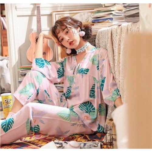 Pajamas two-piece long-sleeved Korean printed loose yukata Nightgown night suit ladies casual home wear spring and summer