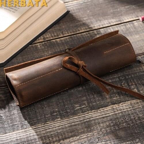 Retro Roll-Up Pencil Case Leather Coiled Rope Binding Creative Student Pencil Pocket Roll Pen Pouch For Gifts