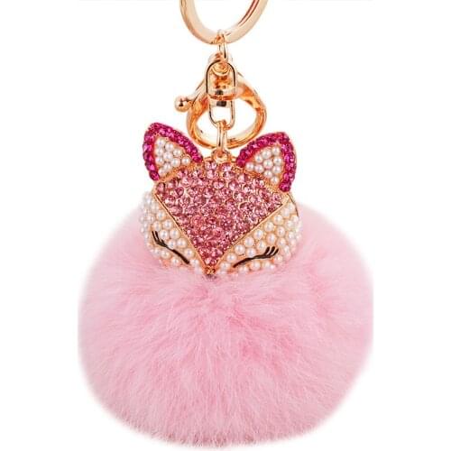 Cute Animal Fox Fur Ball Key Buckle Crystal And Pearl Keychain Match Handbag Car Key For Fashionable Women Gift 2017 Hot Selling