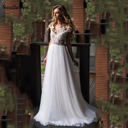 Smileven Bohemian Wedding Dress Cap Sleeve Robe De Mariee Appliqued Lace Bridal Dresses Nude Top Wedding Gowns Custom Made