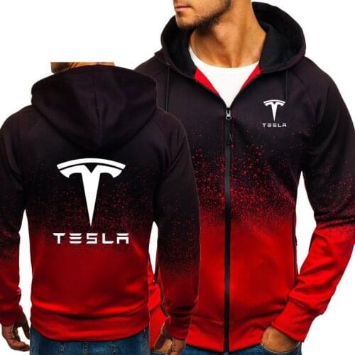 Hoodies Men Tesla Car Logo Print Casual HipHop Harajuku Gradient color Hooded Mens Fleece Sweatshirts zipper Jacket Man Clothing