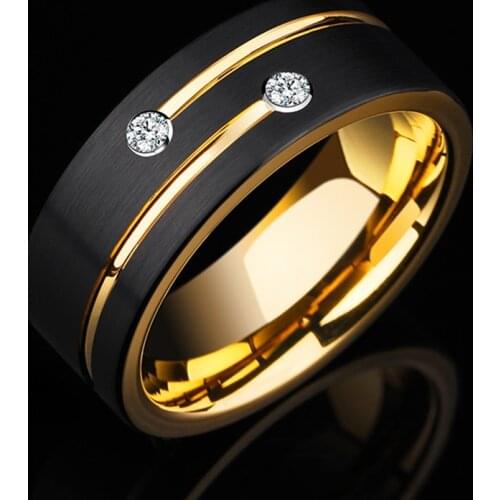 YWSHK Custom Name Ring for Men Black Titanium Steel Wedding Band with Gold Tone Lines AAA CZ Stones Gent Anel Can be Wholesale