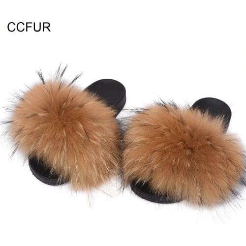 Womens Fur Slipper Real Raccoon Fur Fashion Style Furry Slides Soft Warm Big Fluffy Fur Shoes S6020E
