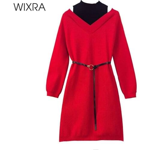 Wixra Knitted Dresses Womens Autumn Spring Patchwork Turtleneck High Street Sashes Short Clothing Plus Size For Lady