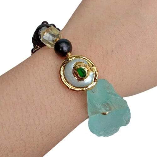 YYGEM punk Style natural Garnet Tiger Eye Cultured White Freshwater Pearl Rose Quartz Bracelet 8" handmade for women