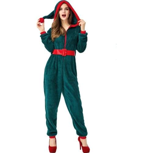 Ladies Christmas Santa Claus Jumpsuit Coral Fleece Green Red Elf Costume Happen New Year Fancy Dress