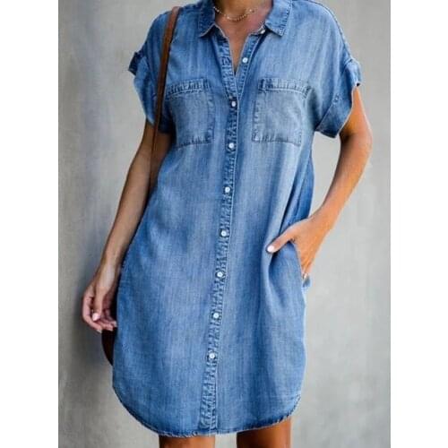 Women denim mini shirt dress robe jean chemise femme Double pocket short sleeve button up jeans dress 2020 vestidos mezclilla
