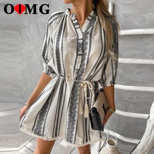 OIMG Striped Print Casual Shirt Dress Lady V Neck Tassel Button Sexy Mini Short Dresses Slim Tie-Up Belt Half Sleeve Robe 10286