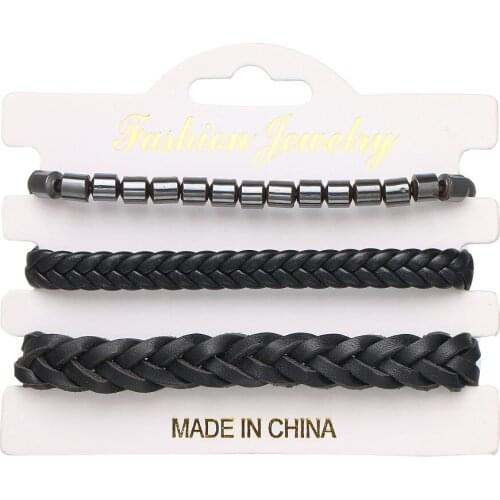 2021 Fashion Jewelry Vintage Hand-woven Black Leather Bead Set Bracelet Charm Multi-layer Cuff Bracelet for Womens Accessories