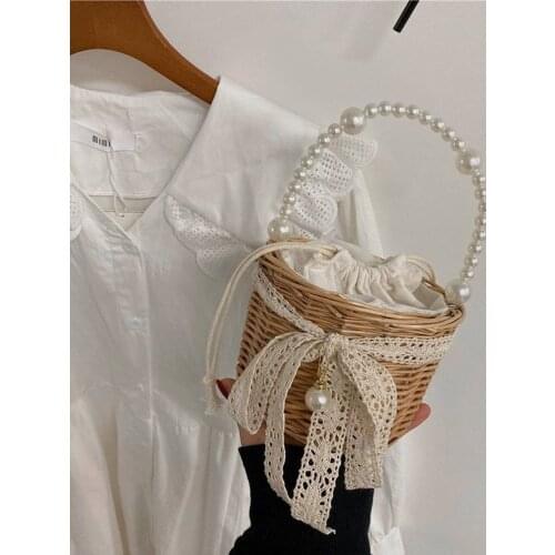 2021new pattern Straw Beach Bag Handmade Woven Rattan Bag Women Summer Bali Bohemia Fashionable pearl Bucket HandBags