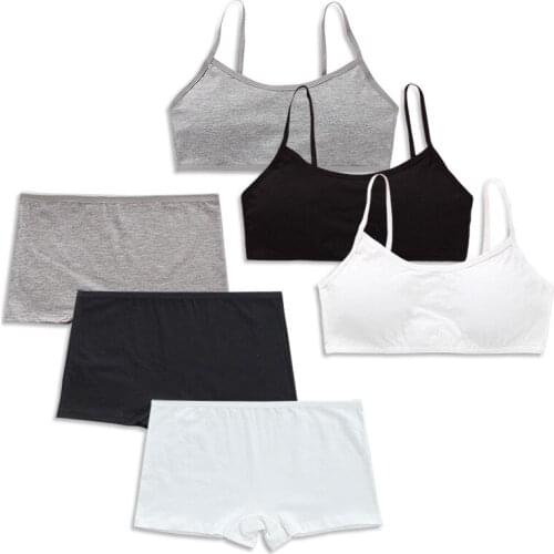 3sets/lot Puberty Girls Bra and Panty Sets Teenage Girls Cotton Padded Training Bra+Panties Kids Sports Bra