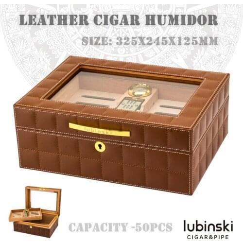 325x245x125mm Cedar Wood Cigar Humidor Transparent Window Professional Large-Capacity 50 Cigarette Case 2layer Leather Cigar Box