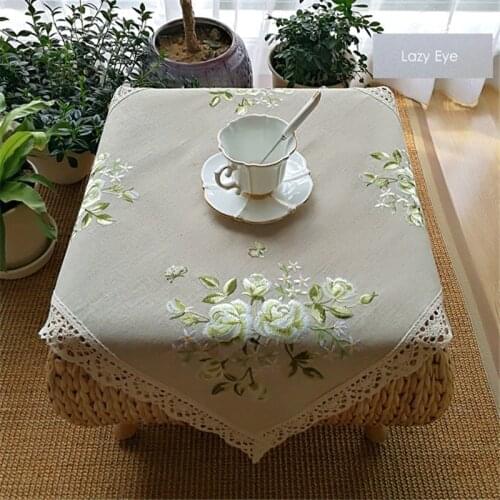 Free Shipping QualityNatural Linen Flower Embroidery Tablecloth Cup Mat Blanket Cover Place 40x40cm 60x60cm 90x90cm Antependium