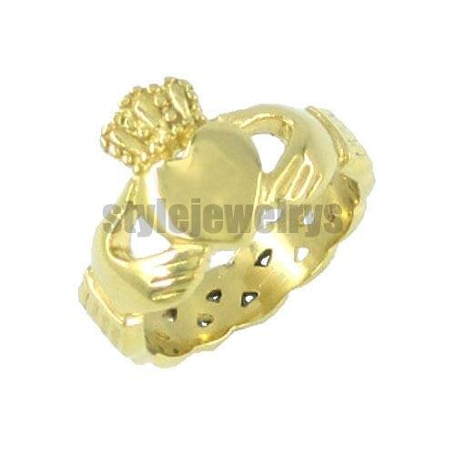 Free shipping! Gold Irish Claddagh Style Hand to Hold a Heart with Crown stainless steel Ring SWR0023G