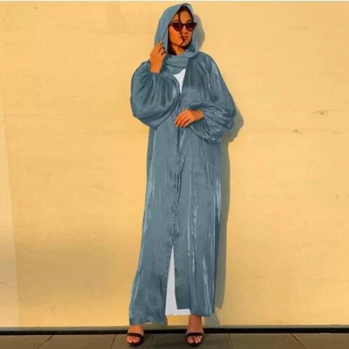 Eid Djellaba Abaya Dubai Shiny Soft Puff Sleeves Muslim Dress Satin Abaya Dubai Turkey Muslim Dress Islam Abayas with Belt